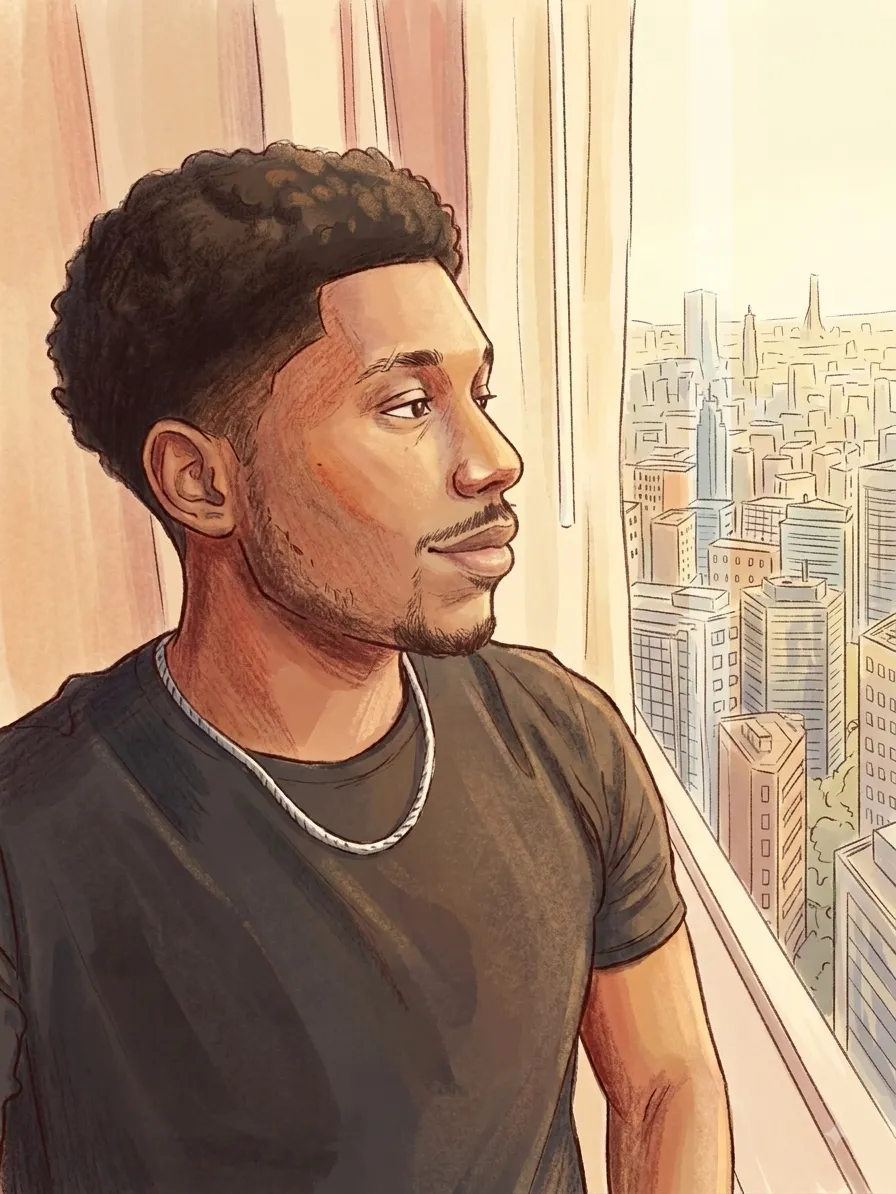 Illustrated portrait of Mark Benjamin, looking out over a city skyline through a tall window.