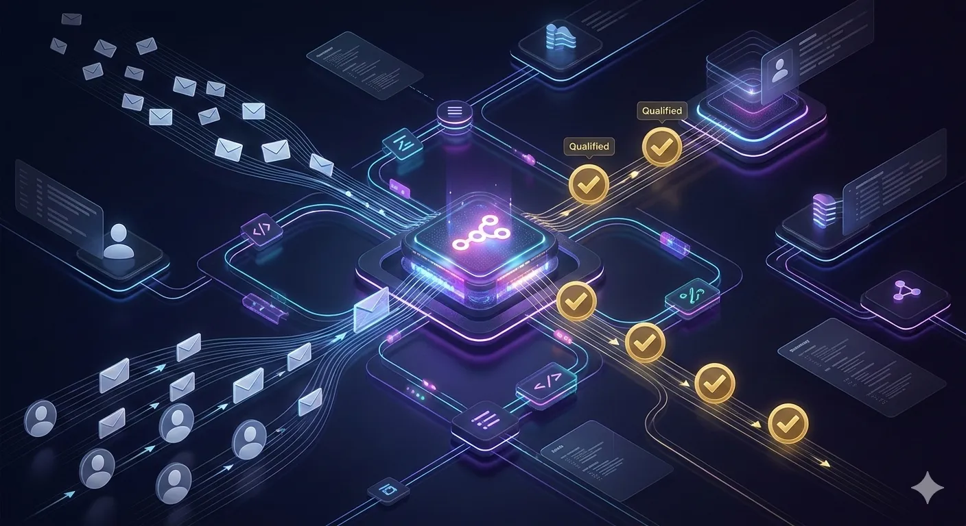 Isometric diagram of a lead pipeline: emails and contact records feed along tracks into a central processor and come out the other side tagged as qualified.