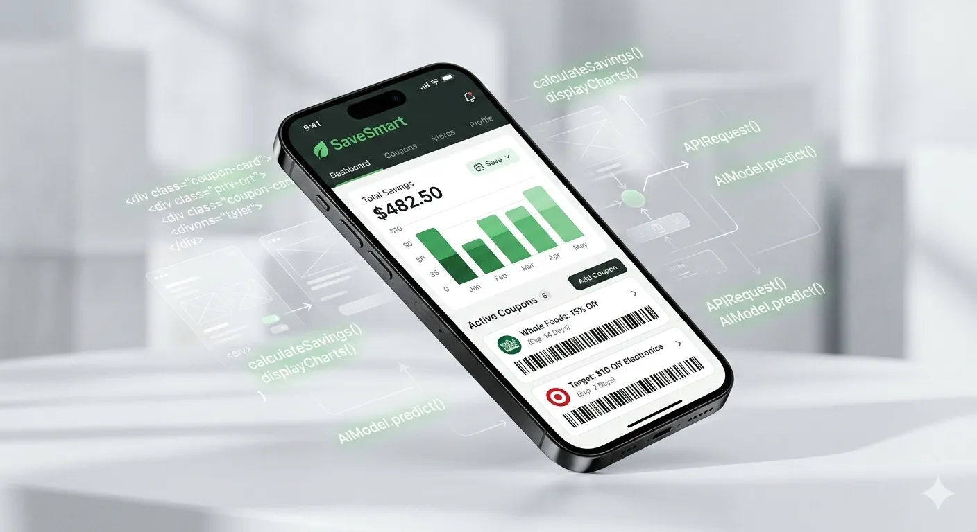 The SaveSmart app on a phone, showing $482.50 of total savings, a bar chart of savings by month and a list of active coupons.