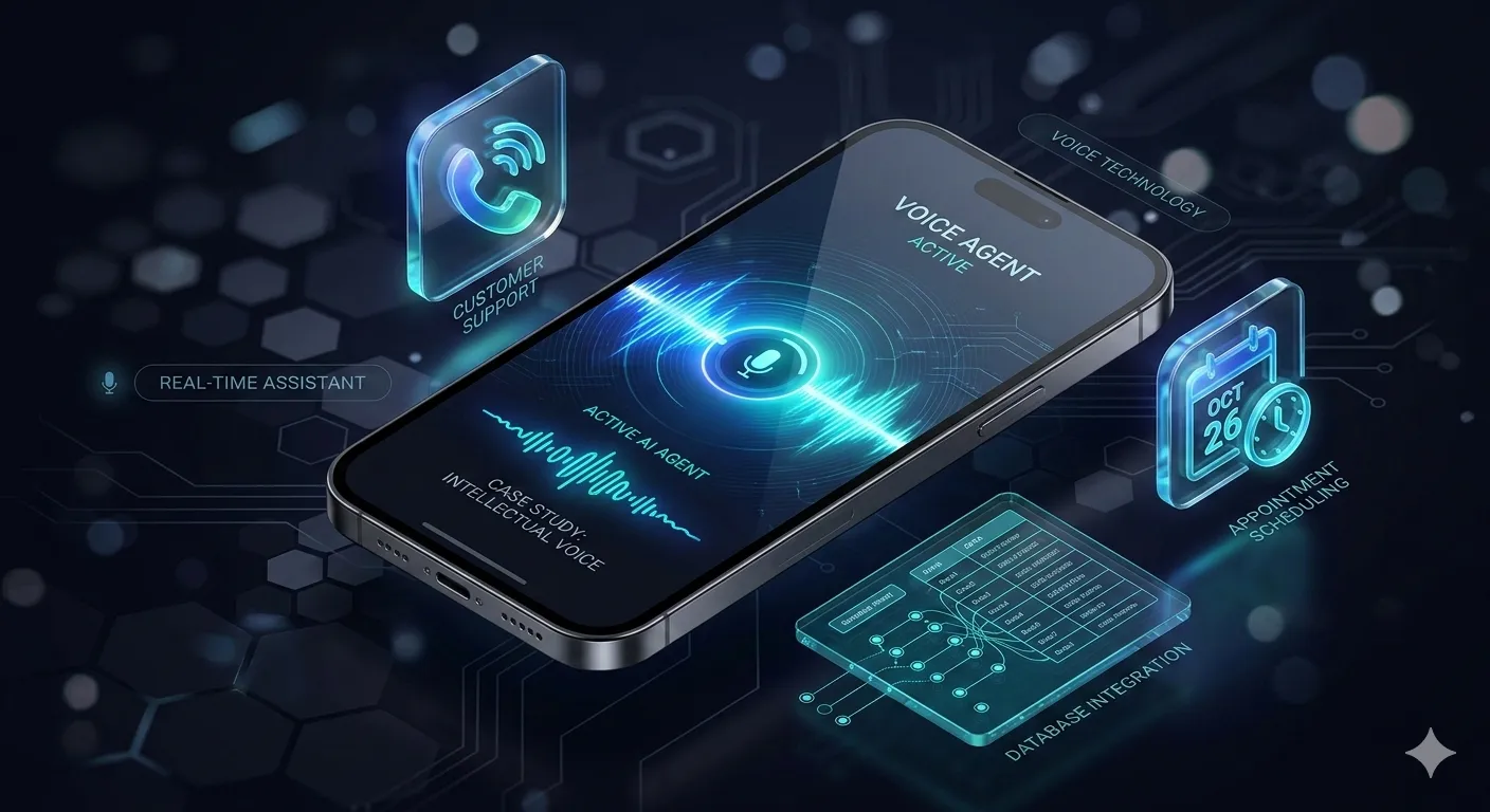 Illustration of an AI voice agent: a phone showing a live call waveform, ringed by panels for customer support, appointment scheduling and database integration.